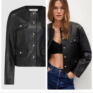 Mango Black Genuine Leather Jacket - Small